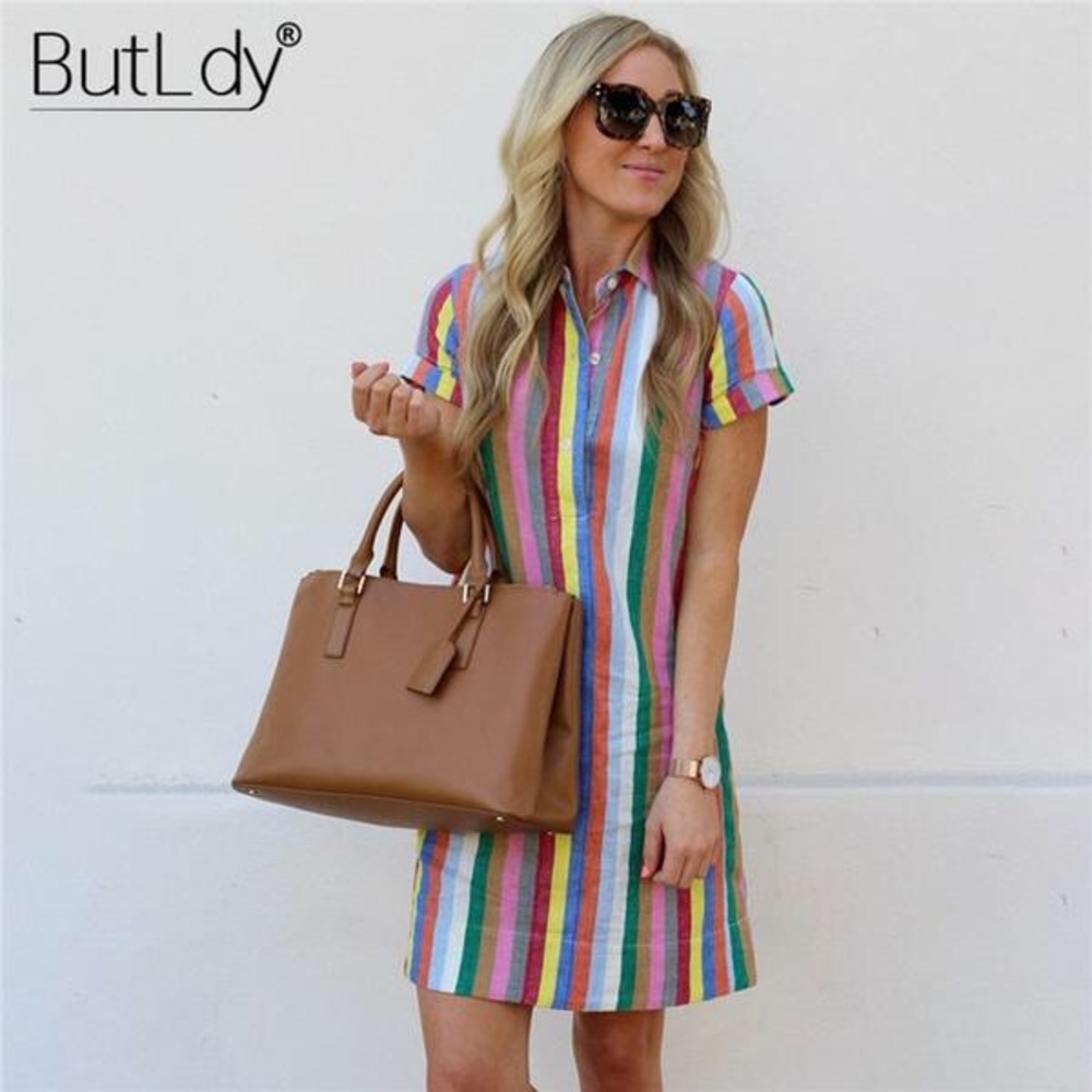 Rainbow Striped Shirt Dress